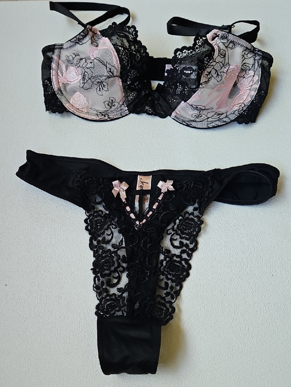 Jezebel Black Lace Bra and Thong with Pale Pink Accents (NOT A MATCHED SET)
